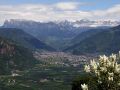 Die Südtiroler Landeshauptstadt Bozen mit Schlern und Rosengarten in den Dolomiten