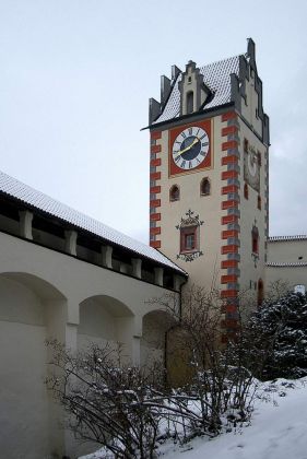 Der Uhrenturm des Hohen Schlosses in Füssen am Lech, Ostallgäu