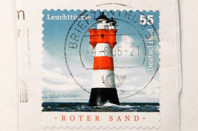Leuchtturm Roter Sand, Höhe 52,5 Meter, Baujahre 1880 bis1885 - Briefmarke aus der Serie 'Leuchttürme' der Deutschen Post Leuchtturm Roter Sand, Höhe 52,5 Meter, Baujahre 1880 bis1885 - Briefmarke aus der Serie 'Leuchttürme' der Deutschen Post