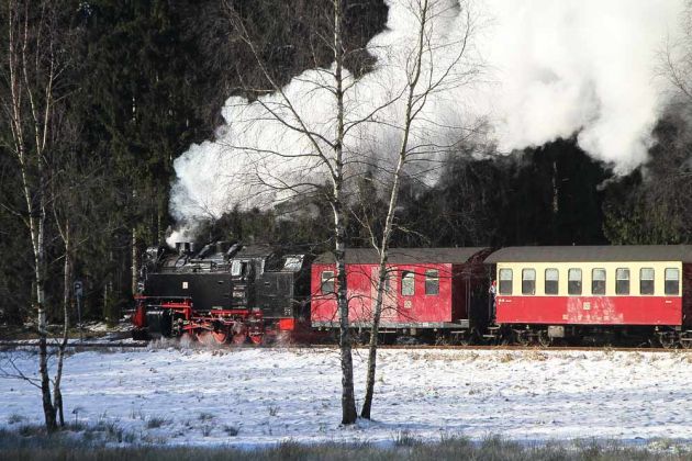 Dampfzug der Selketalbahn mit der Neubaulok 99 7240 im Wellbachtal