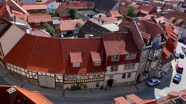 Mühlhausen, Thüringen - Blick vom Rabenturm auf die Fachwerkhäuser der Strasse 'Am Frauentor' Mühlhausen, Thüringen - Blick vom Rabenturm auf die Fachwerkhäuser der Strasse 'Am Frauentor'