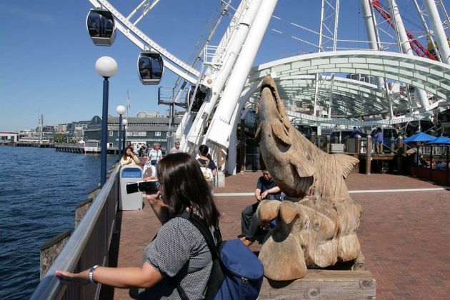 Miner's Landing und Seattle Great Wheel - Seattle Waterfront Miner's Landing und Seattle Great Wheel - Seattle Waterfront