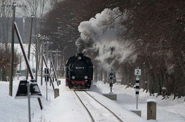 Die Mecklenburgische Bäderbahn Molli im Winter - der Dampfzug mit der Lok 99 2331-9 an der Doberaner Rennbahn