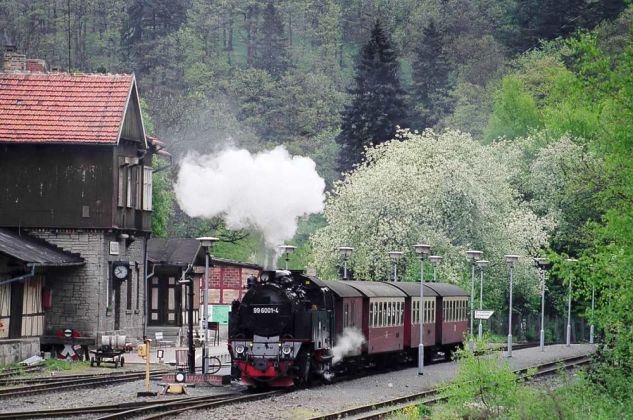 Halt am Bahnhof Alexisbad - der Dampfzug der Selketalbahn mit der Einheits-Lokomotive 99 6001