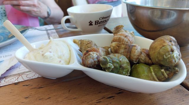 Erquy - Wellhornschnecken, Meeresfrüchte im Fischrestaurant 'Le table de Jeanne' am Bootshafen Erquy - Wellhornschnecken, Meeresfrüchte im Fischrestaurant 'Le table de Jeanne' am Bootshafen