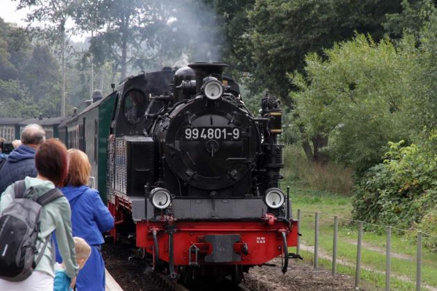 Die Rügensche Bäderbahn - der Dampfzug 'Rasender Roland' mit der Dampflok 99 4801-9 aus Göhren erreicht den Kleinbahnhof Binz LB Die Rügensche Bäderbahn - der Dampfzug 'Rasender Roland' mit der Dampflok 99 4801-9 aus Göhren erreicht den Kleinbahnhof Binz LB